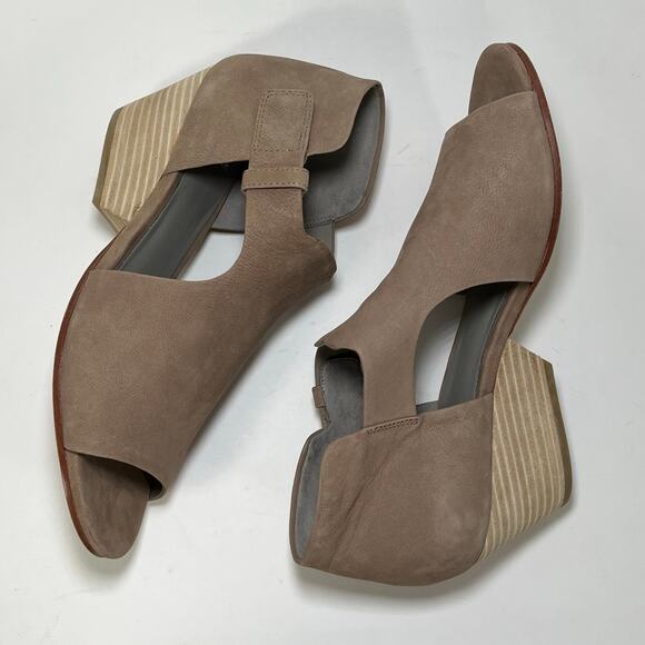 Eileen Fisher Heel Sandals Sz 7.5 Iris Cutout Leather Peep Toe Tan Leather - Picture 6 of 10
